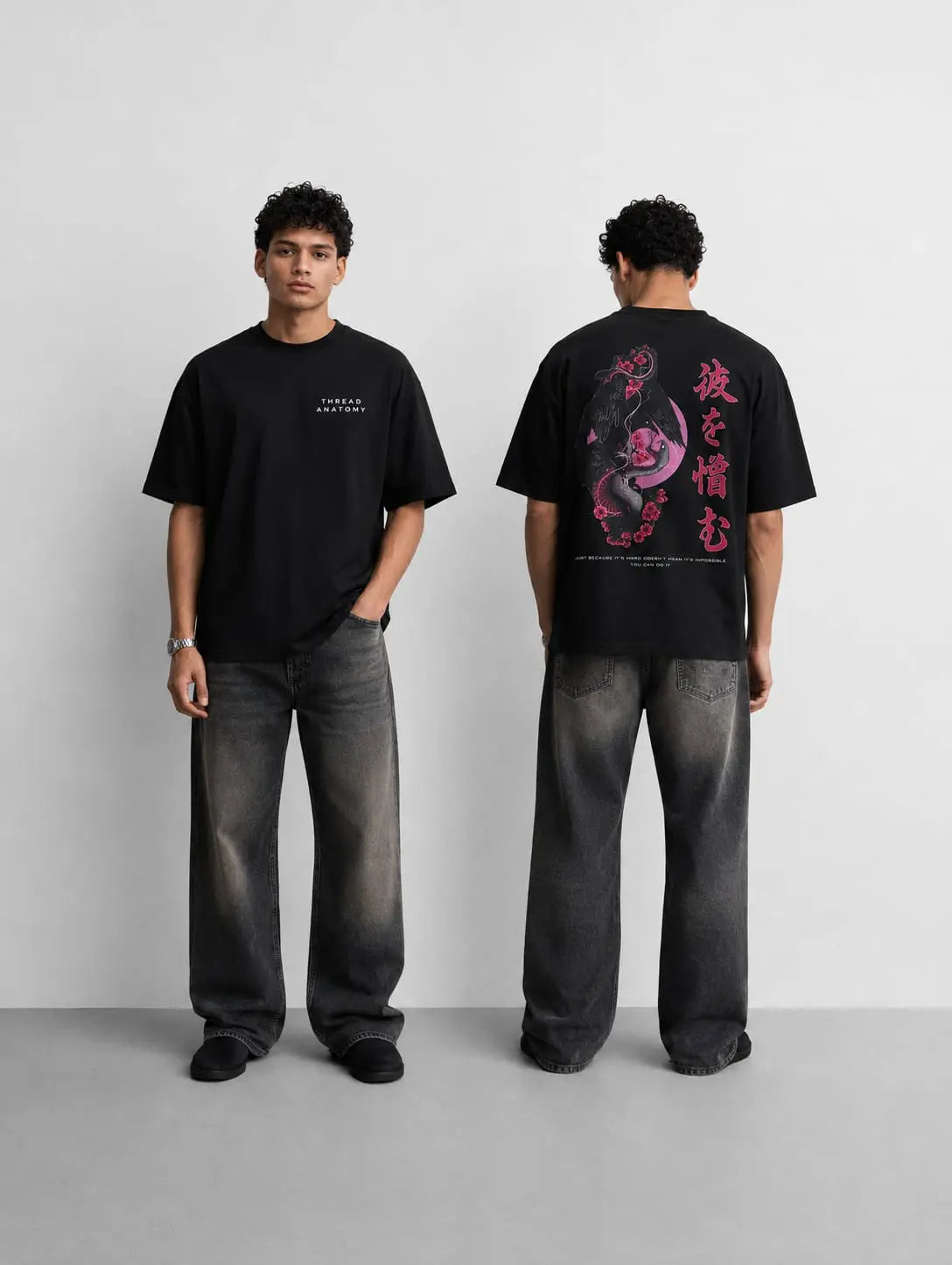Front and back view of Sakura Raven Oversized T-Shirt by Thread Anatomy